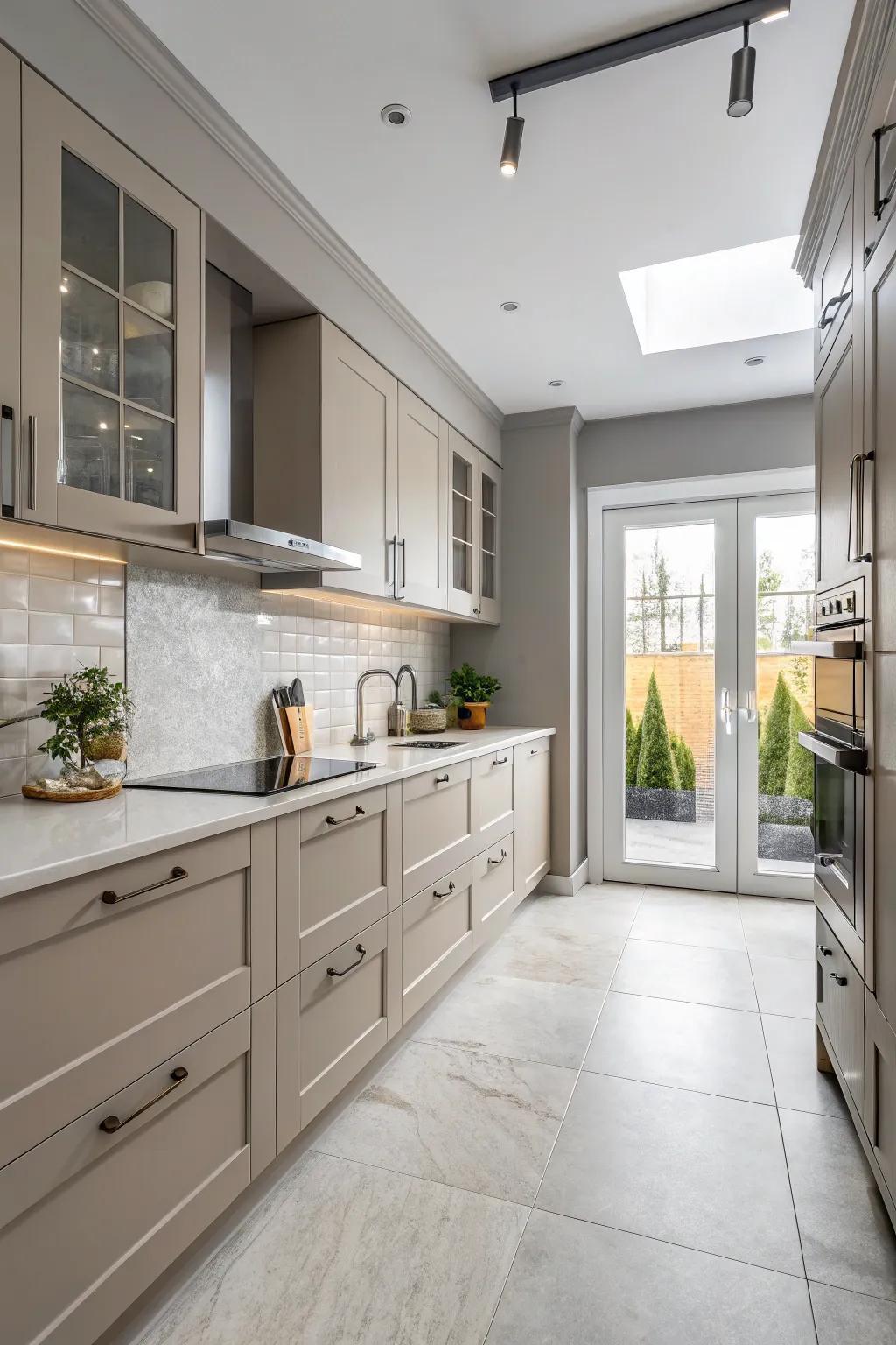 Grey walls with beige cabinets create a modern and elegant kitchen.