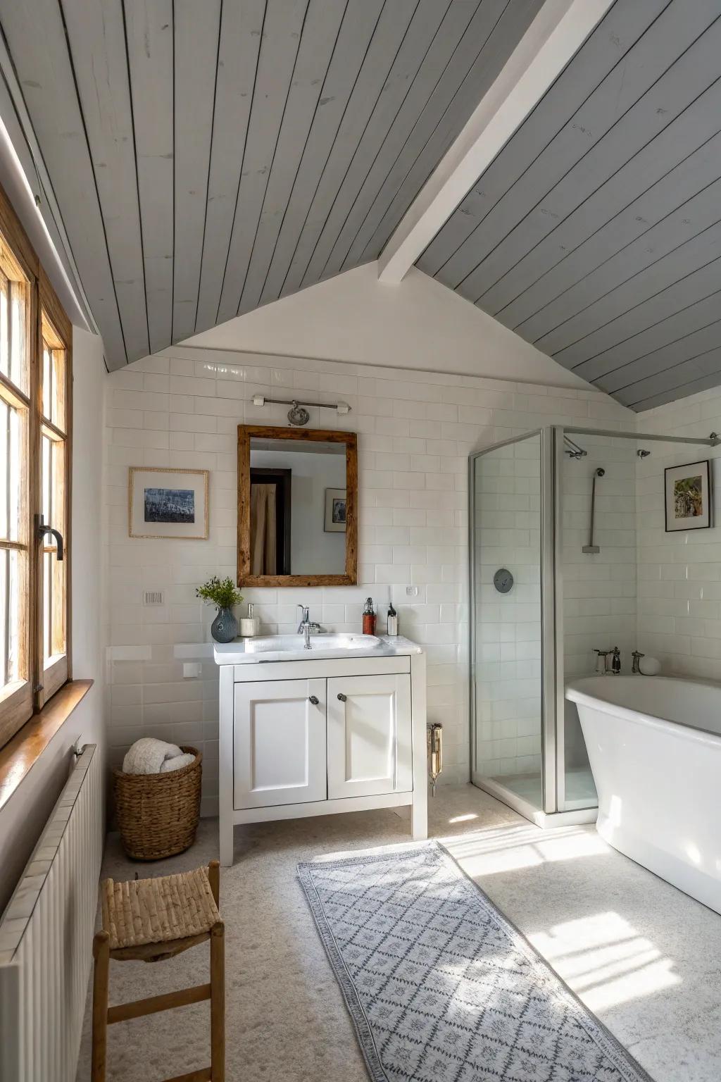 A gray-painted ceiling can add warmth and cohesion to your bathroom design.