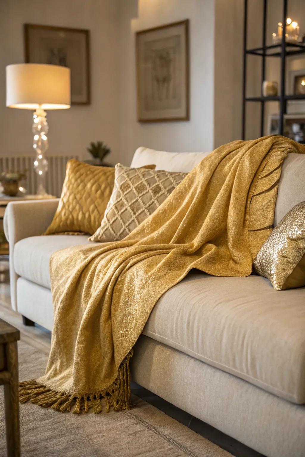 Gold throws adding luxury and warmth to the sofa.