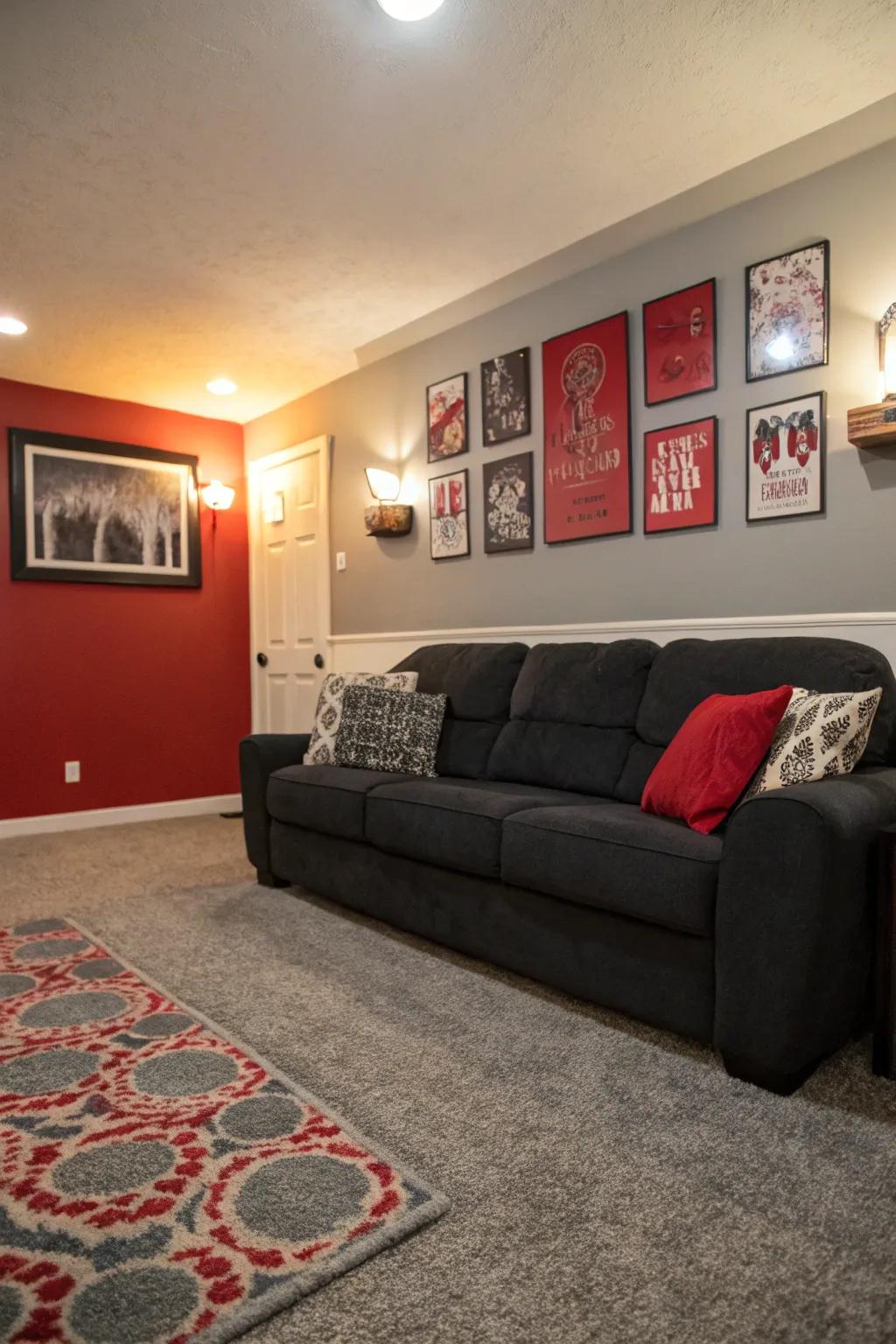 Red and grey wall art ties the color scheme together beautifully.