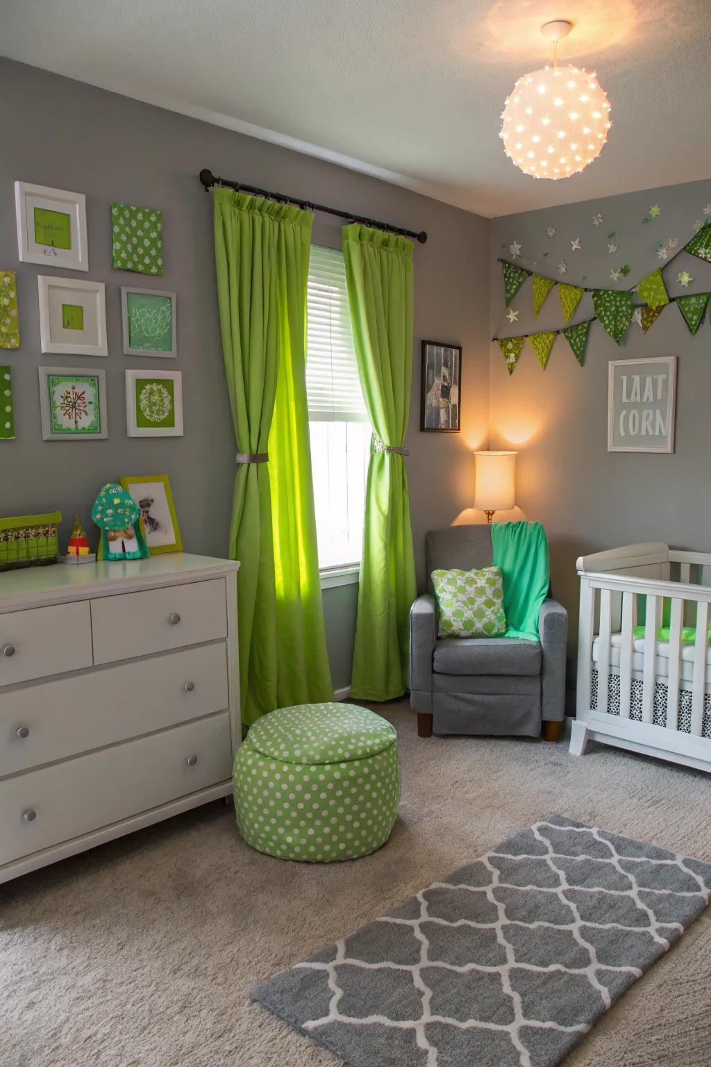 Grey and green create a fresh and vibrant nursery.