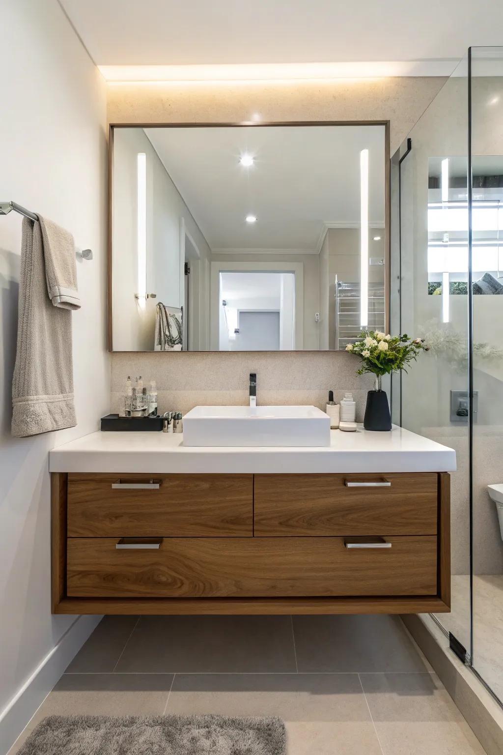 A floating vanity adds to the modern appeal.