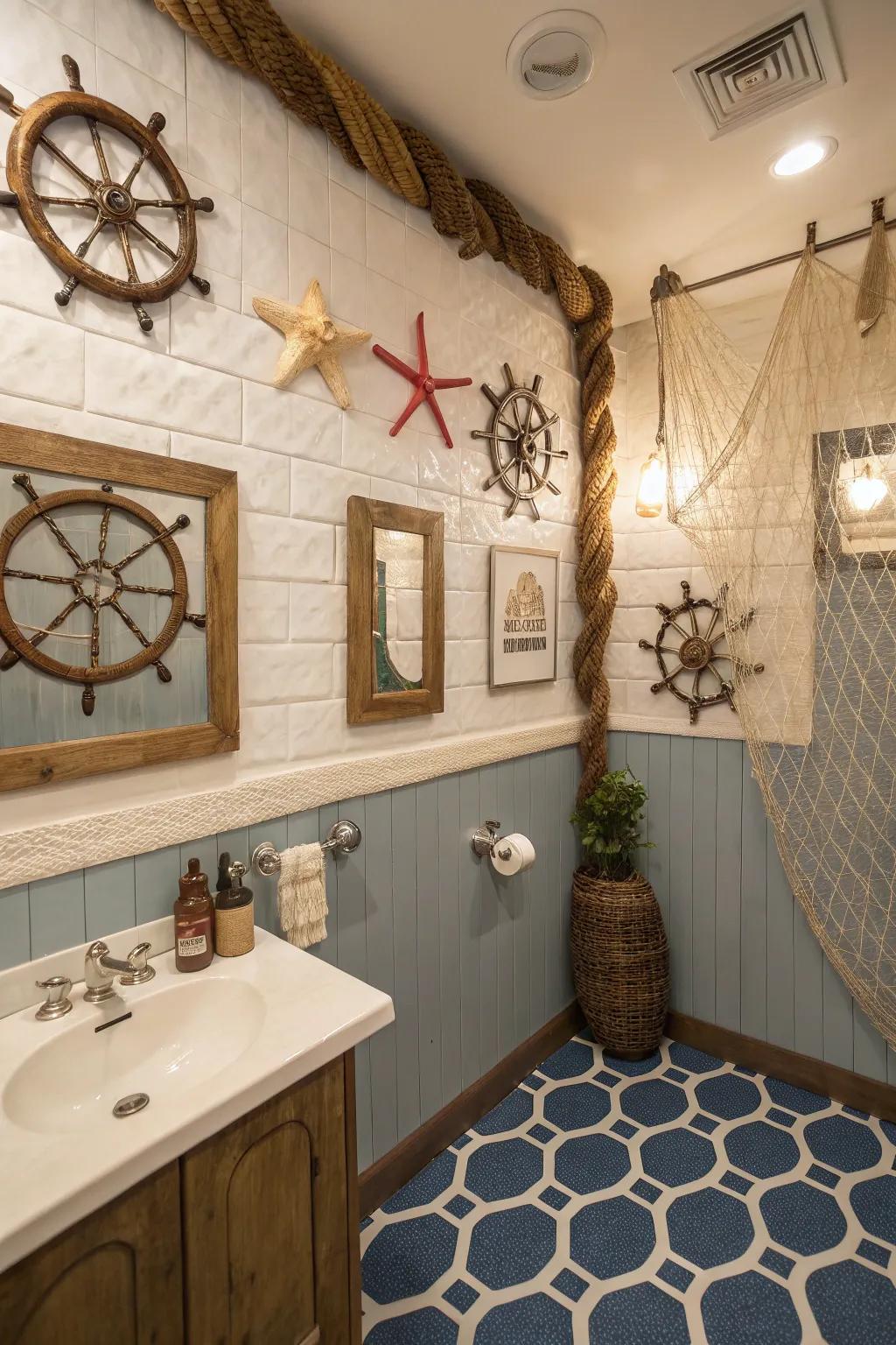 A unique theme adds personality and cohesion to the guest restroom.