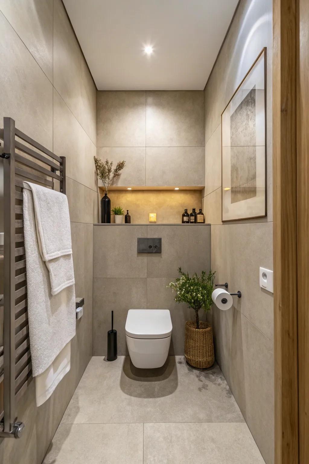 Minimalist design creates a serene and calming guest toilet.