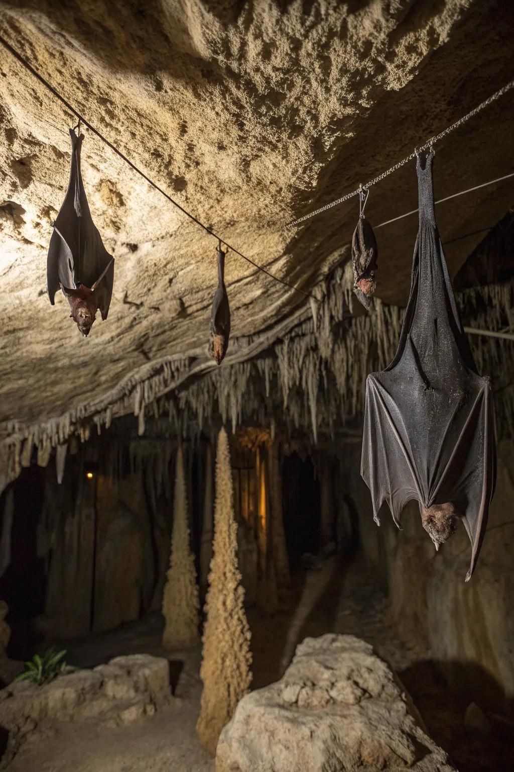 A mysterious cave habitat diorama with stalactites and bats.