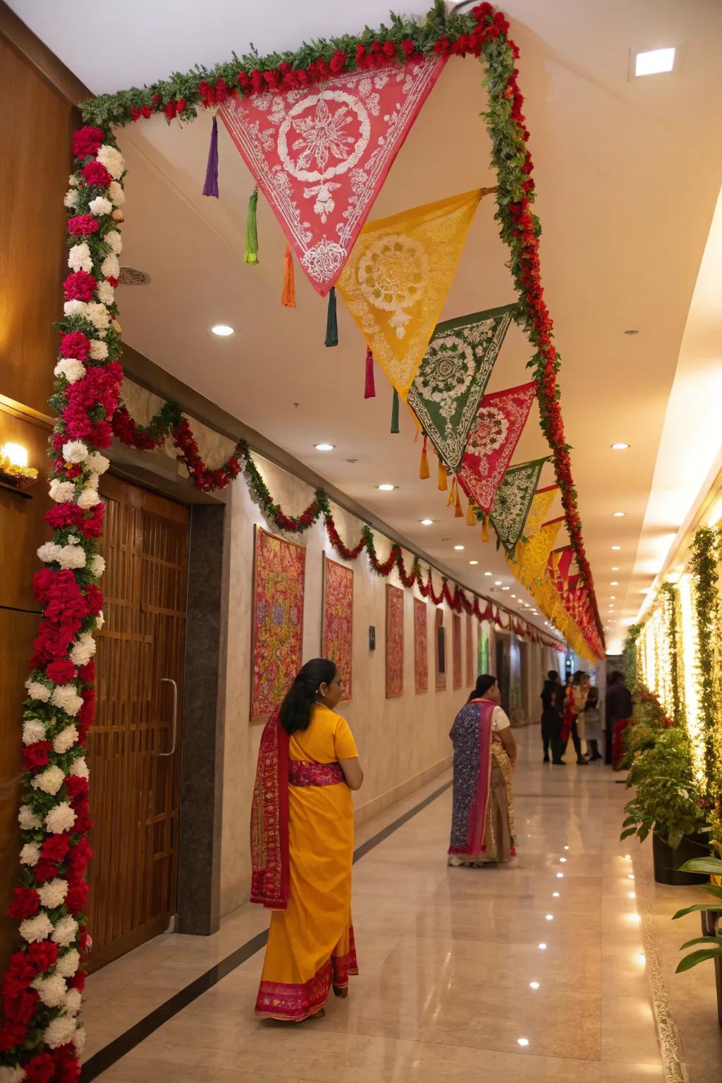 Fabric banners and garlands adding cultural richness to the decor.