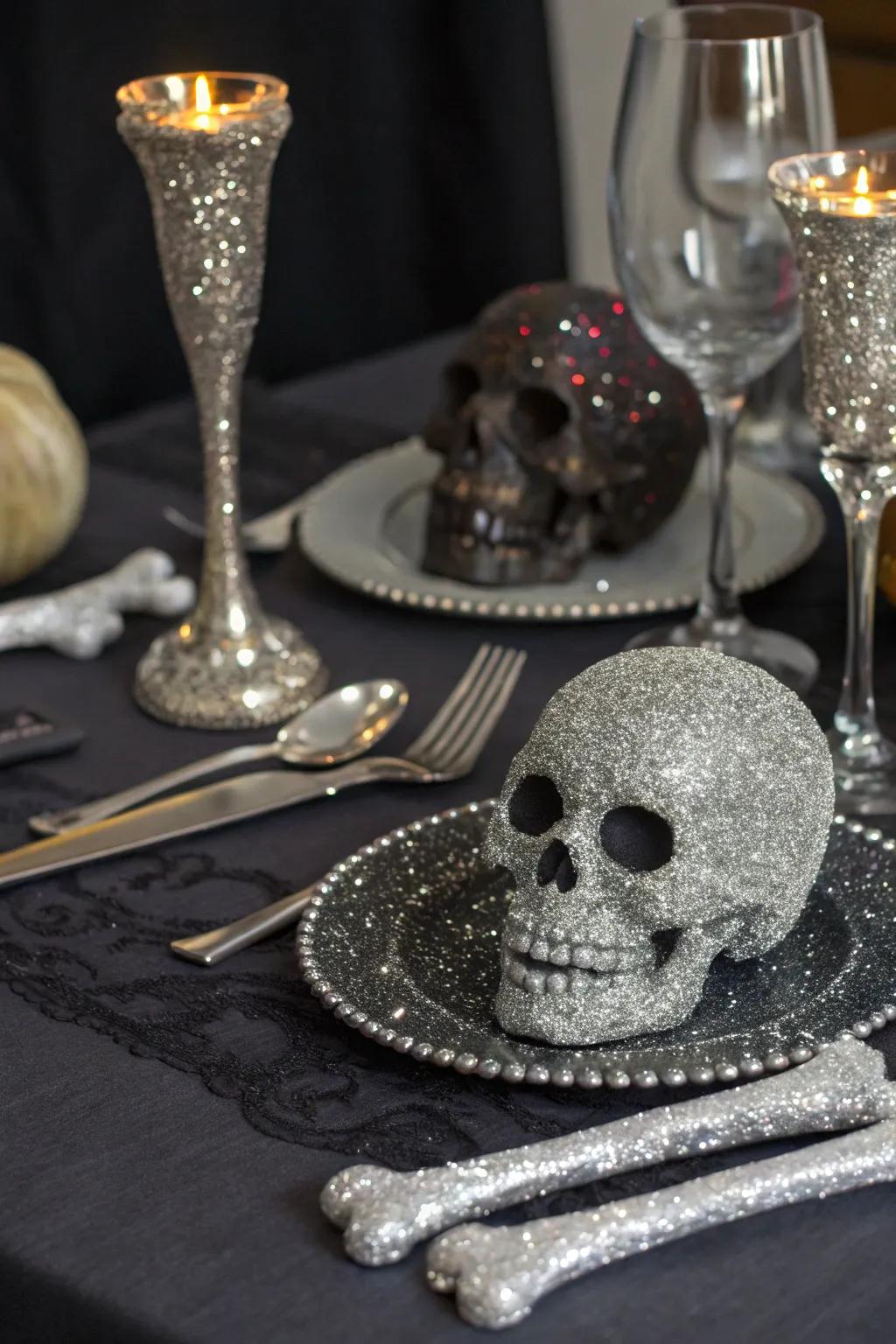 Glittered skulls and bones add sparkle to this Halloween centerpiece.