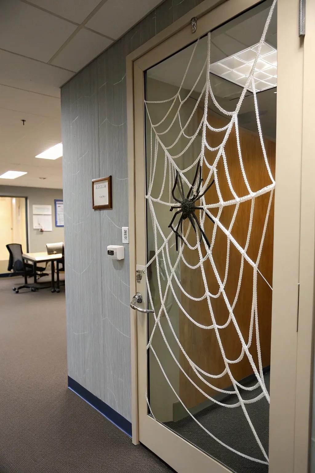 Make a spooky statement with a giant spider web door decoration.