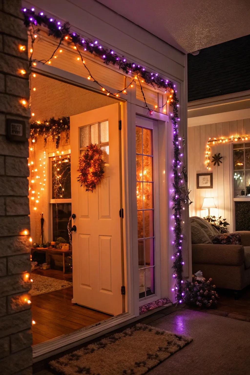 Fairy lights add a magical glow to your Halloween entrance.