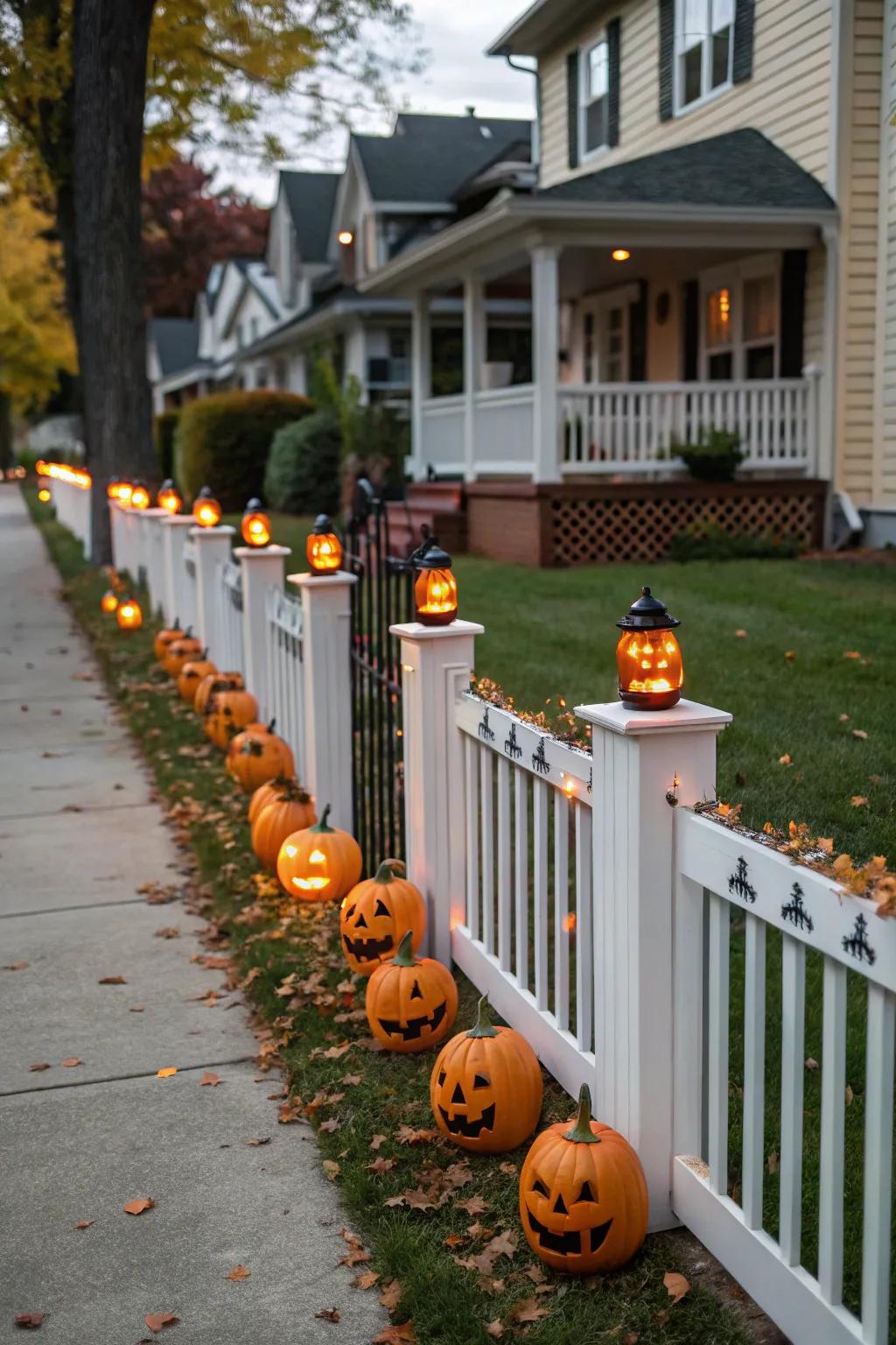 Mini jack-o'-lanterns bring a playful touch to your fence.