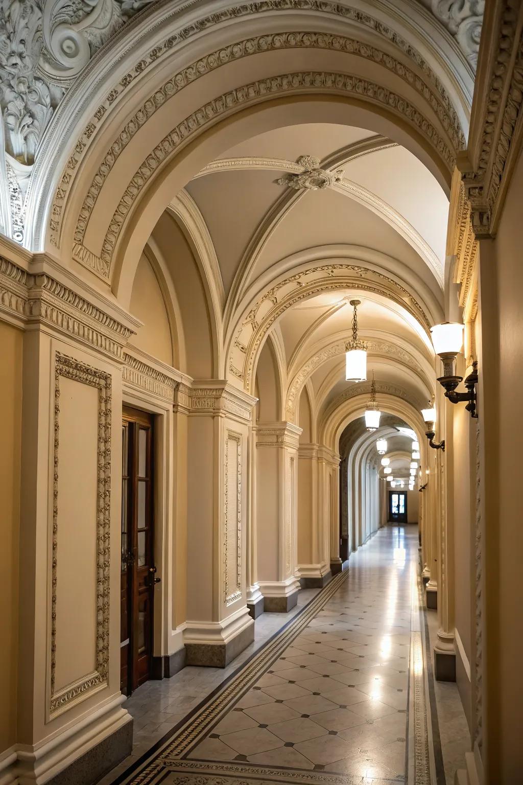 Architectural features like moldings add character and interest to the hallway.