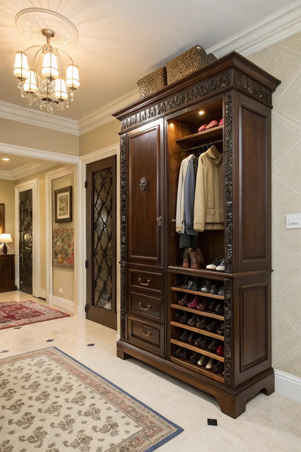 An armoire provides classy and ample shoe storage.