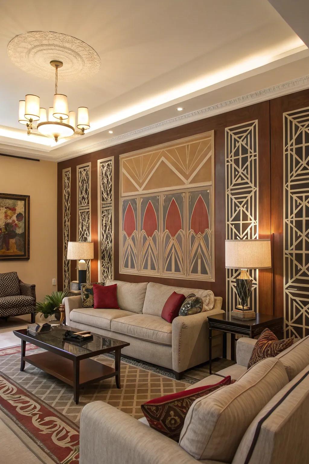 Art Deco patterns add a touch of timeless sophistication to the living room.