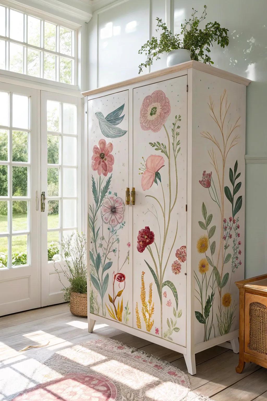 A floral hand painted cabinet adds a touch of nature indoors.