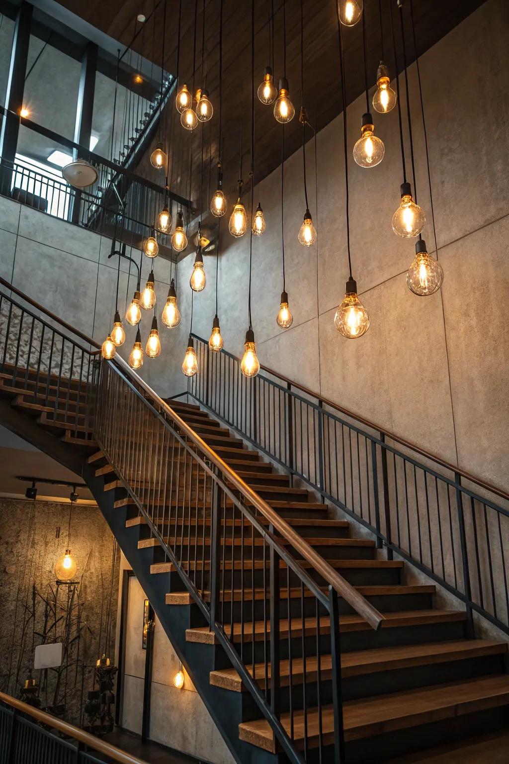 Edison bulbs add drama and elegance to staircases.