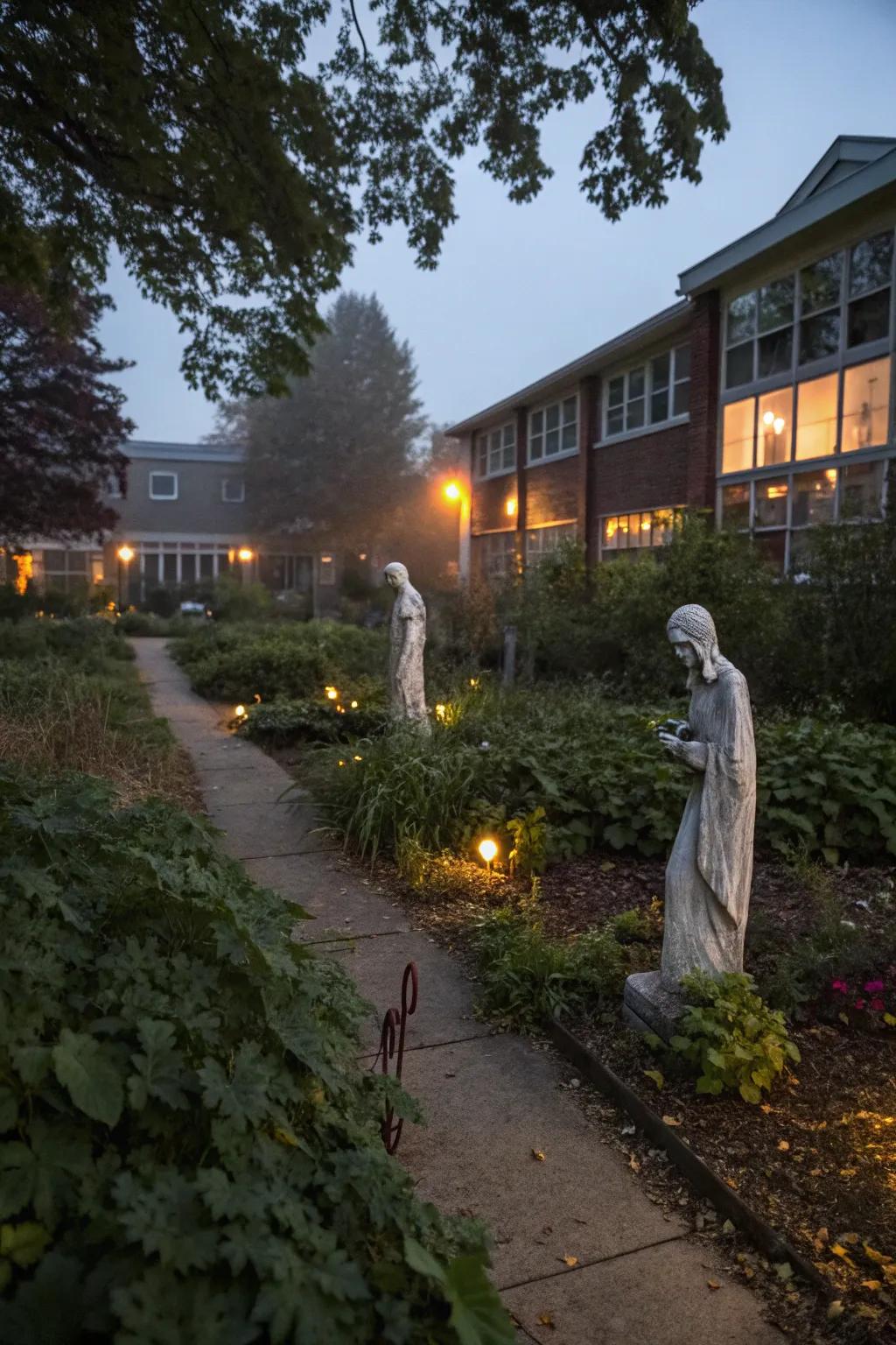 A ghoulish garden with eerie sculptures and mysterious fog.