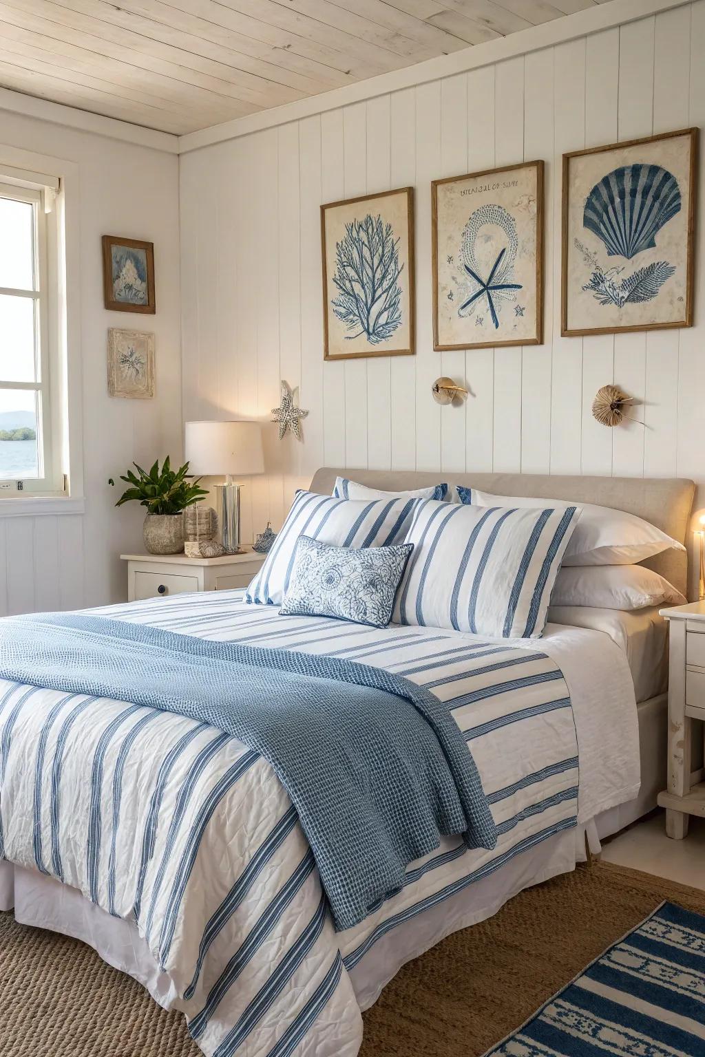 Classic stripes evoke a seaside retreat, perfect for nautical-themed bedrooms.