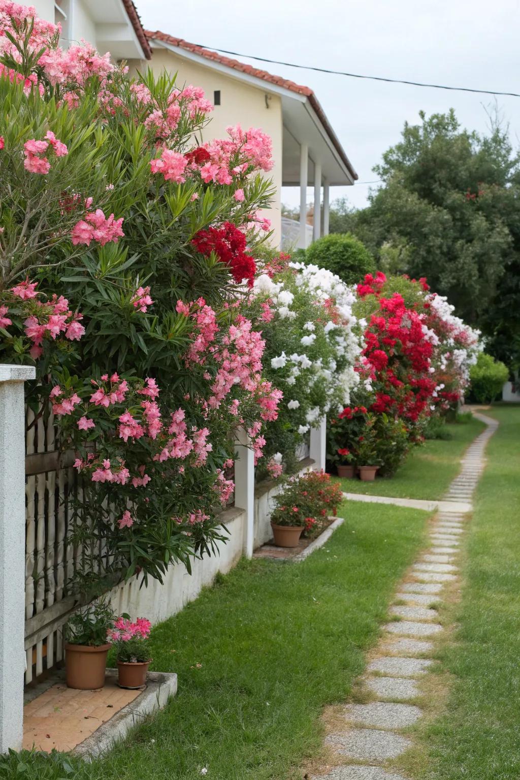 Colorful oleander hedges adding vibrant blooms and fragrance.