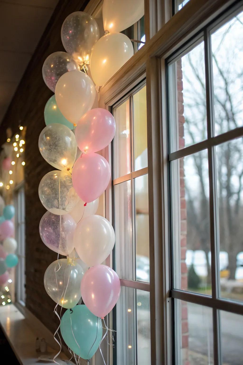 A light and airy helium balloon window display.