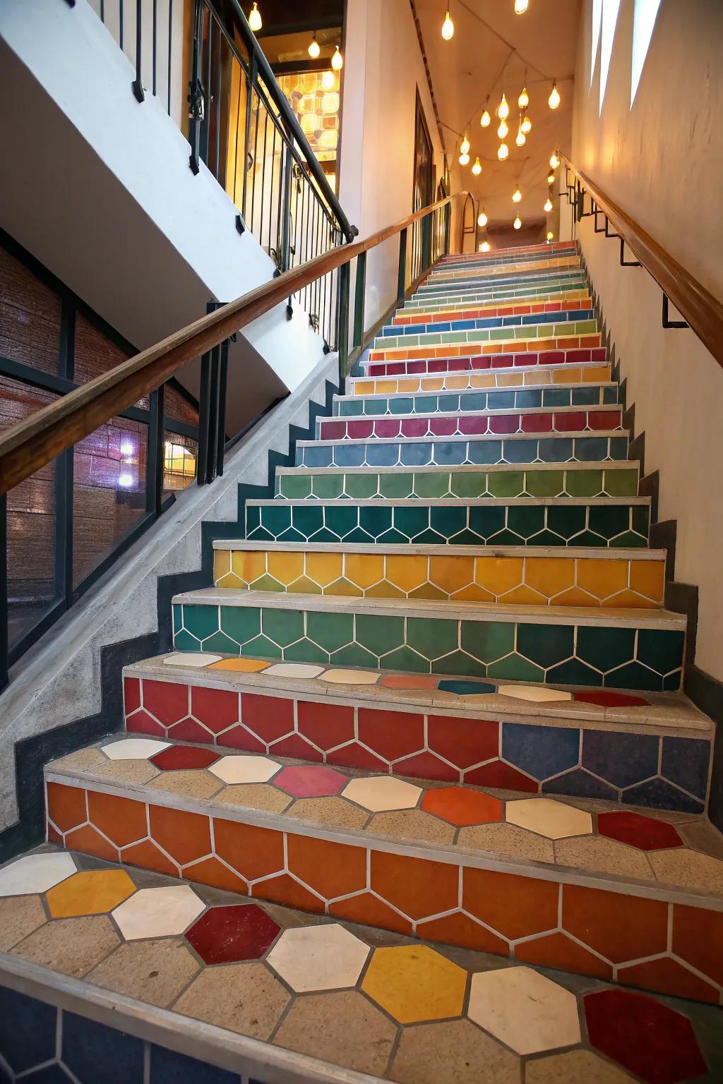 Hexagon riser tiles turn stairs into a masterpiece.