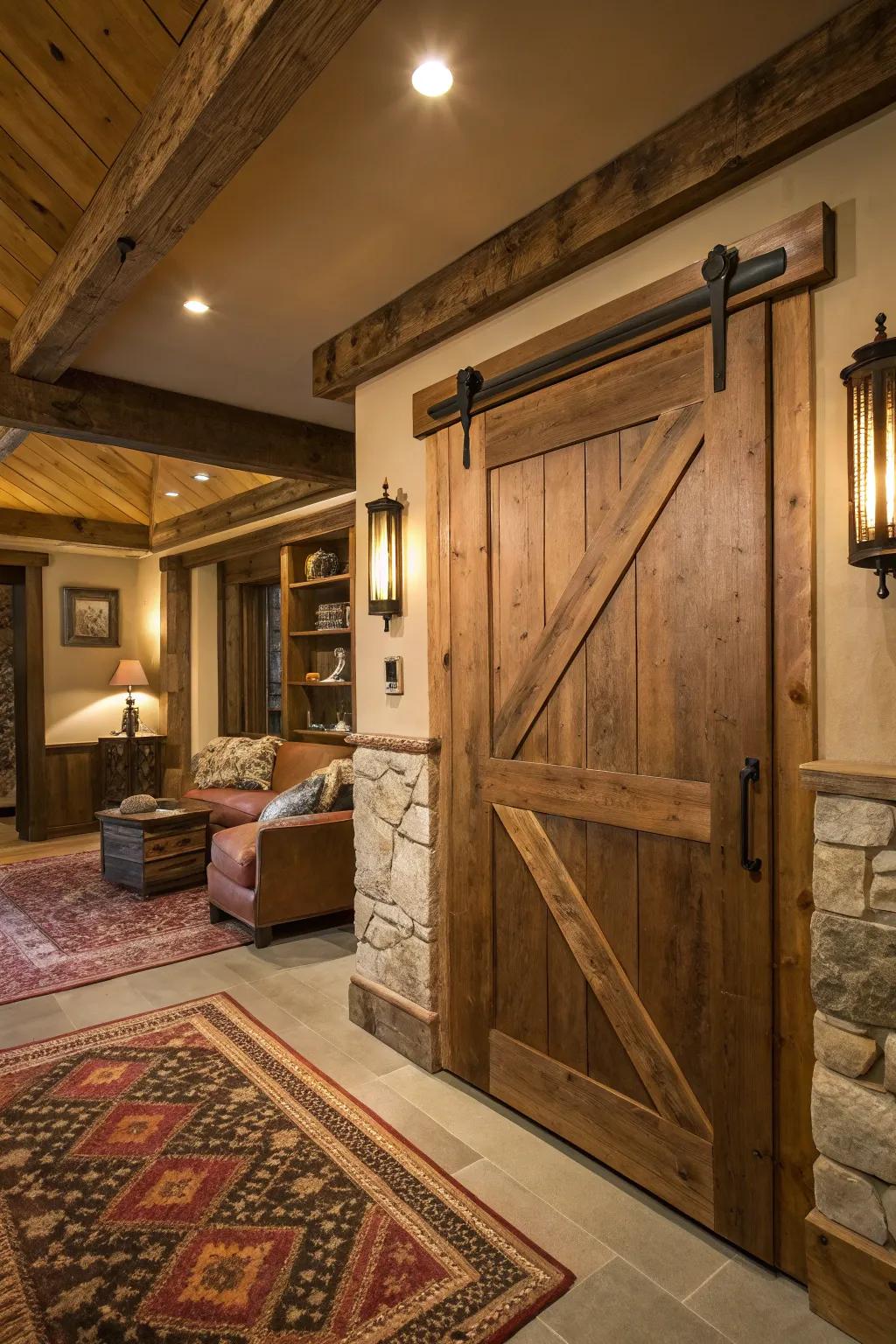 An invisible barn-style hidden pocket door adds rustic charm.