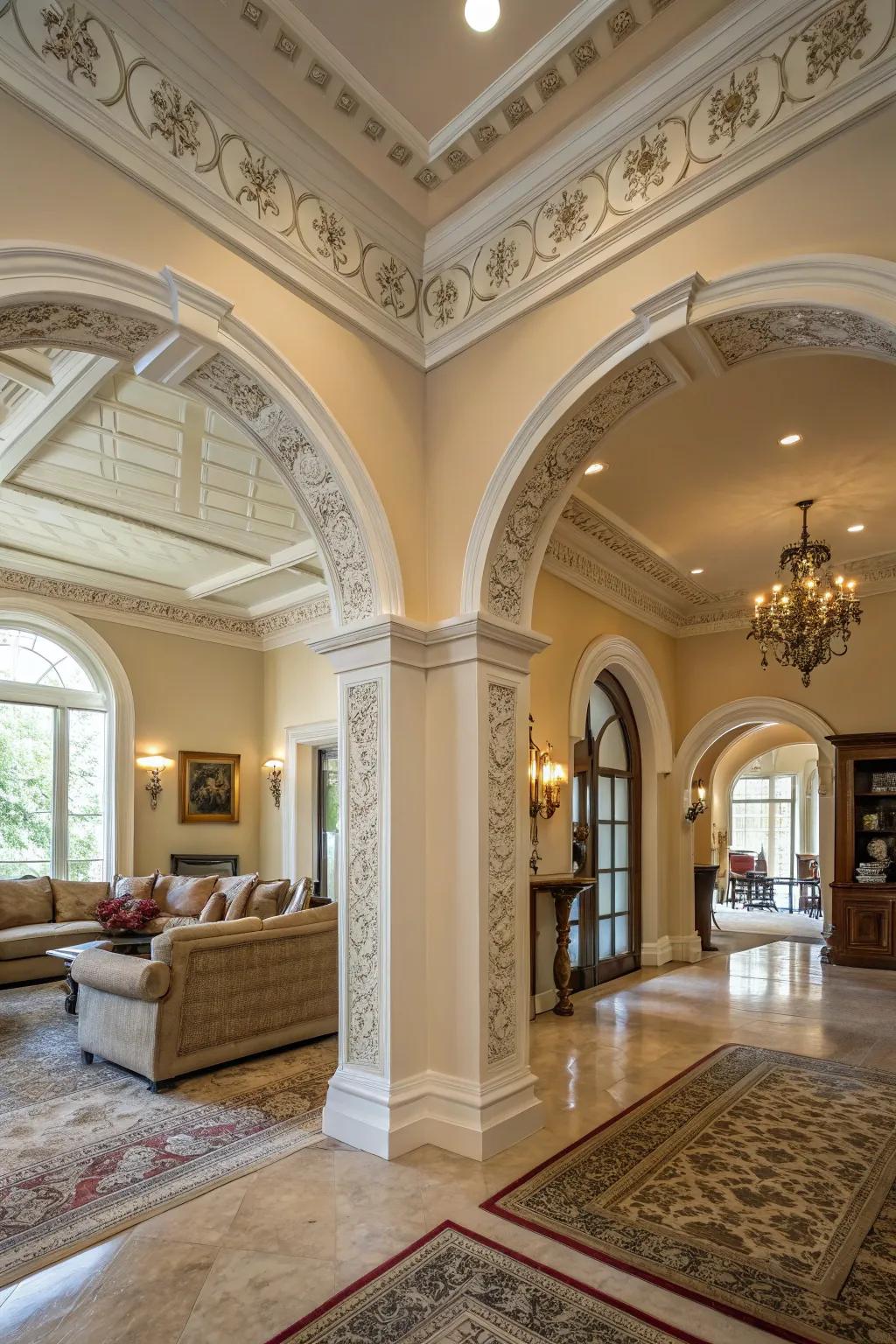 Architectural details add character to high-ceilinged living rooms.