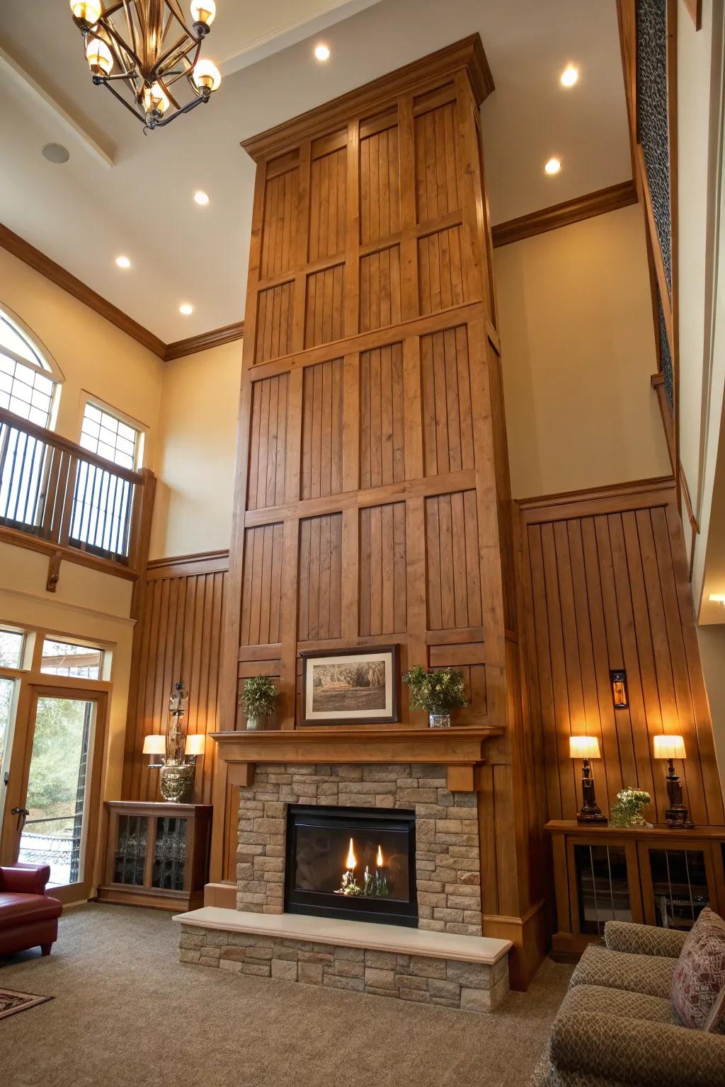 Vertical wood panels enhancing the height and texture of a two-story fireplace.