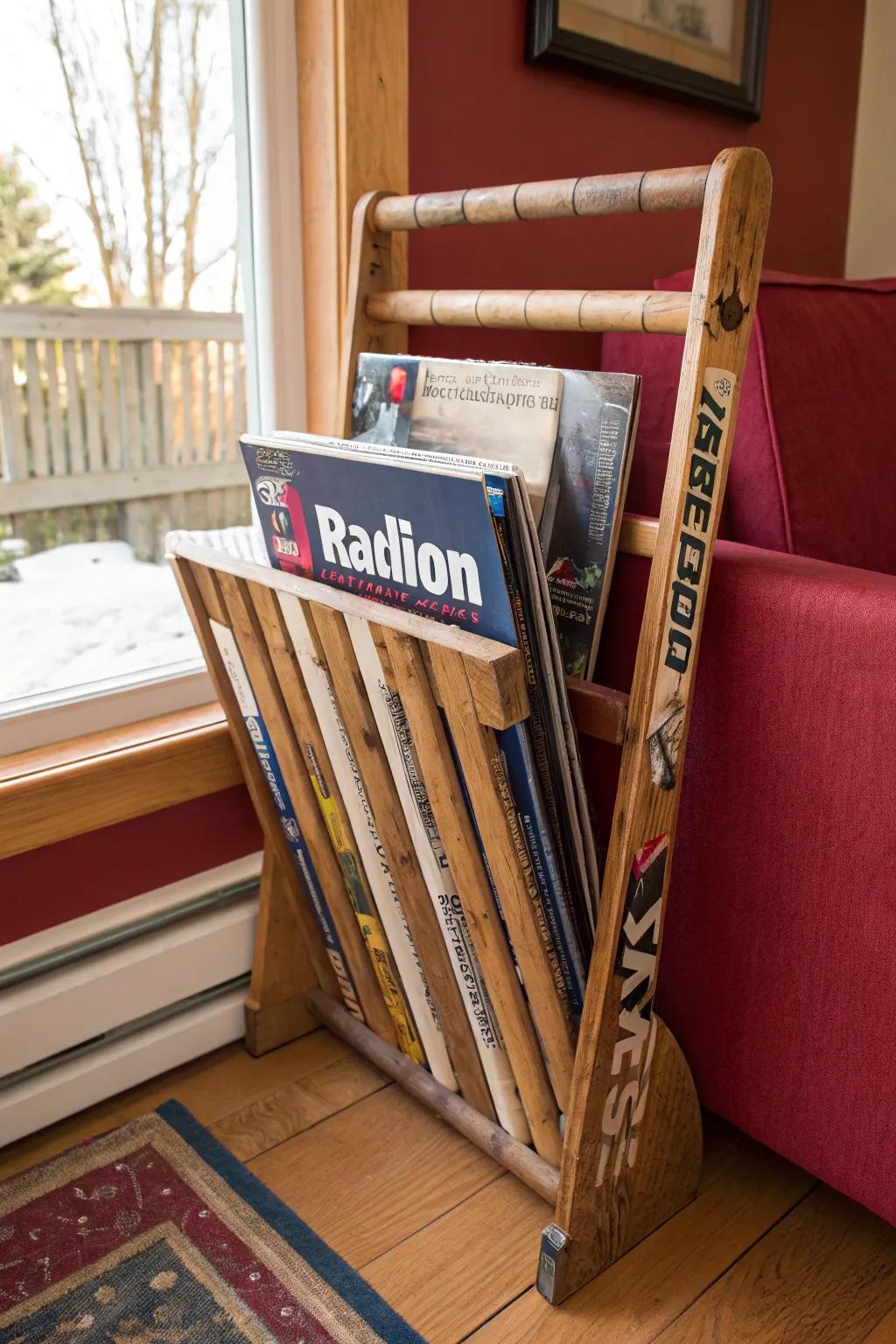 Elevate your reading space with this handcrafted hockey stick magazine rack—a perfect blend of sport and style.