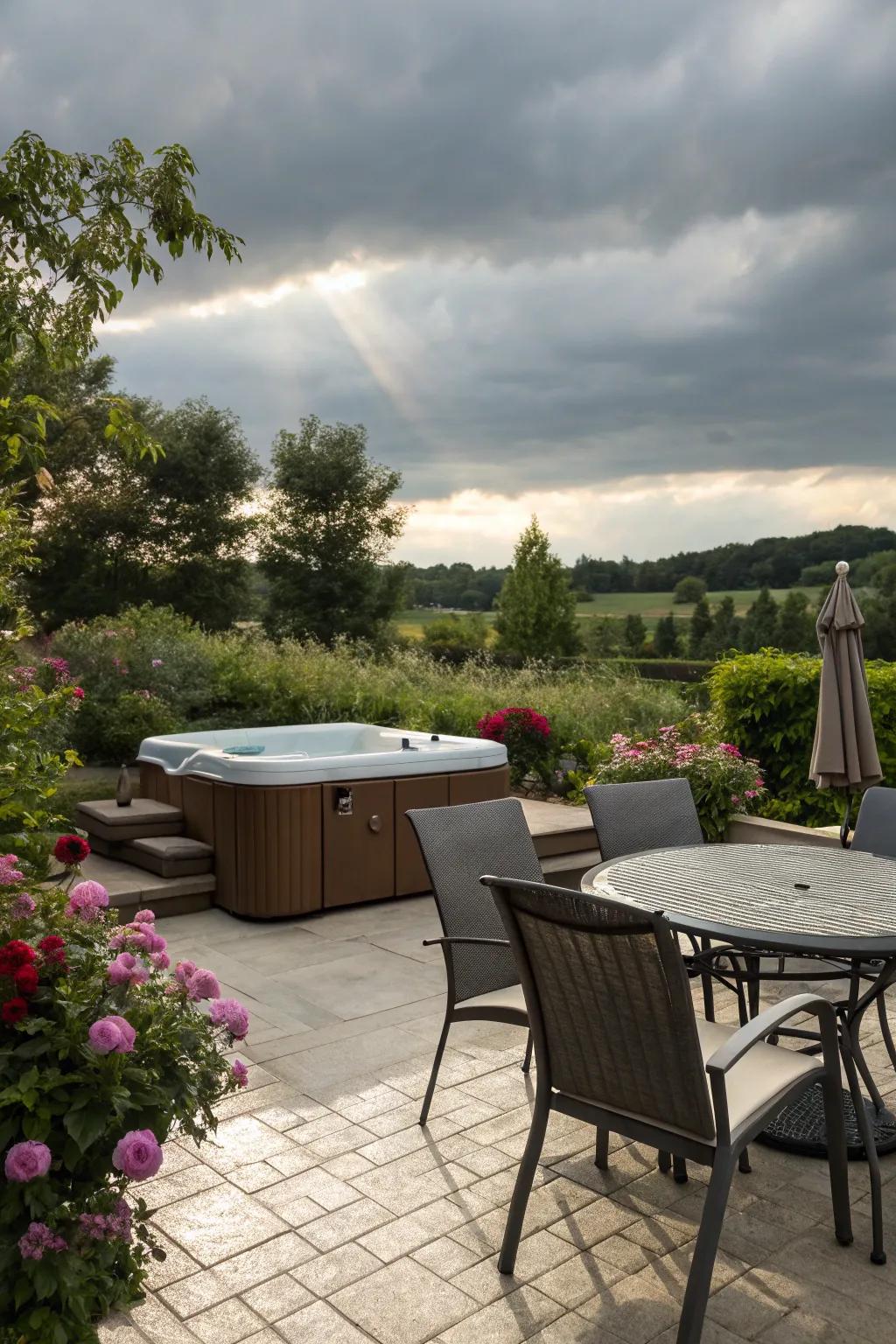 Outdoor seating enhances relaxation around the hot tub.