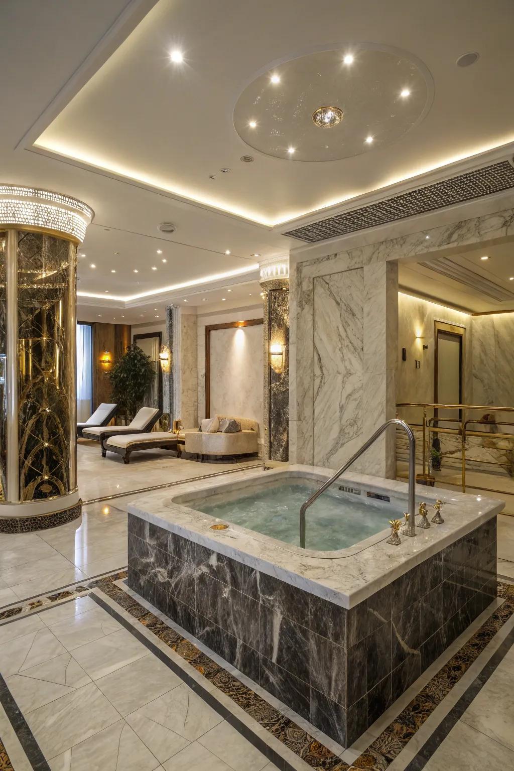 A glamorous hot tub room adorned with marble and metallics.