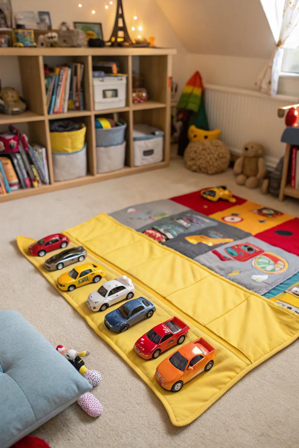 DIY toy car mats provide playful Hot Wheels storage.