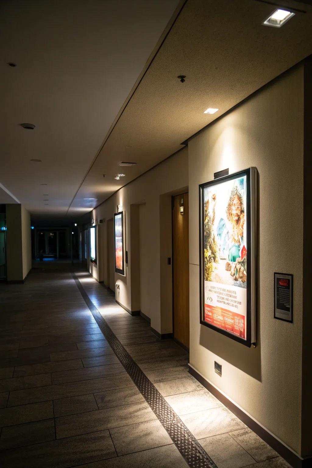 A dramatic gallery-like poster display with spotlighting.