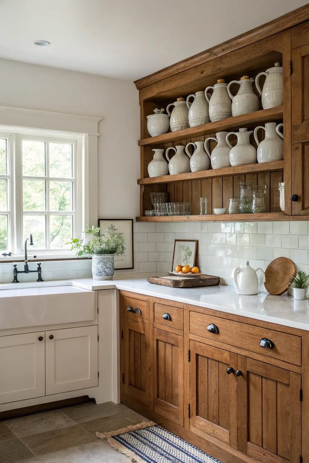 White pitchers add a classic touch above kitchen cabinets.