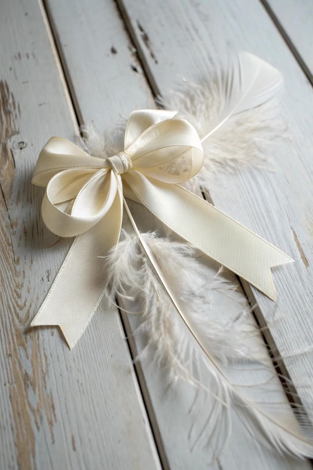 Elevate your gift wrapping with a touch of bohemian elegance: a feathered bow masterpiece.