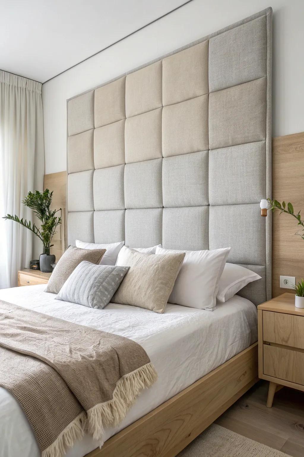 Elevate your bedroom decor with a textured fabric panel headboard that exudes simplicity and natural beauty.