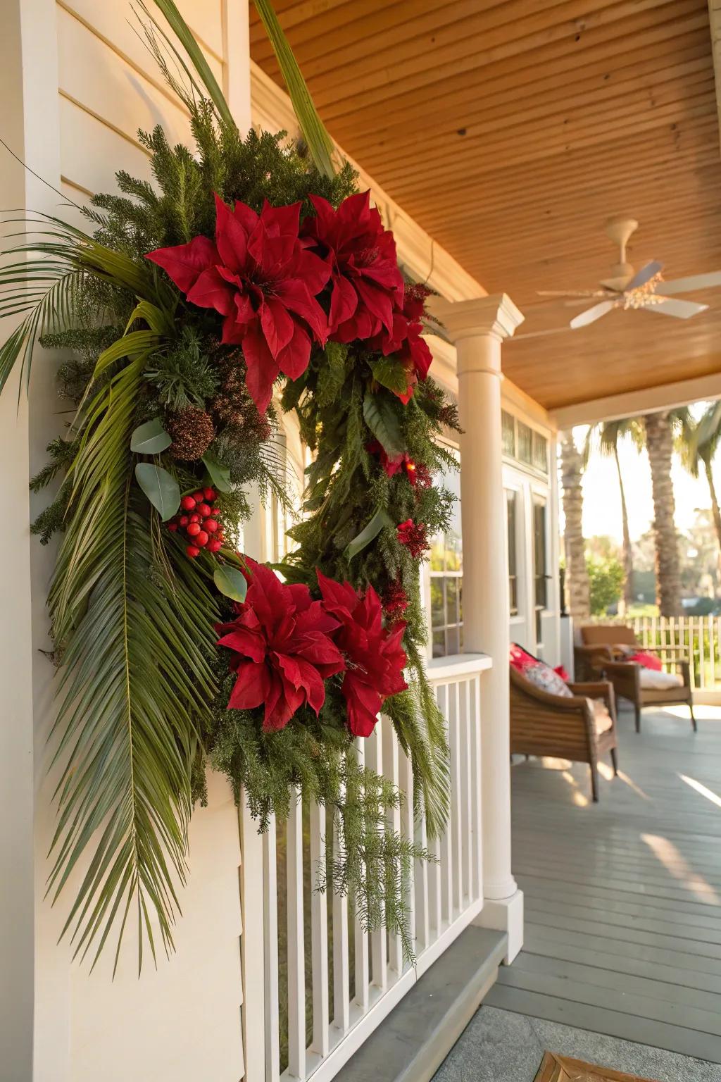 A tropical poinsettia wreath with exotic palm leaves.