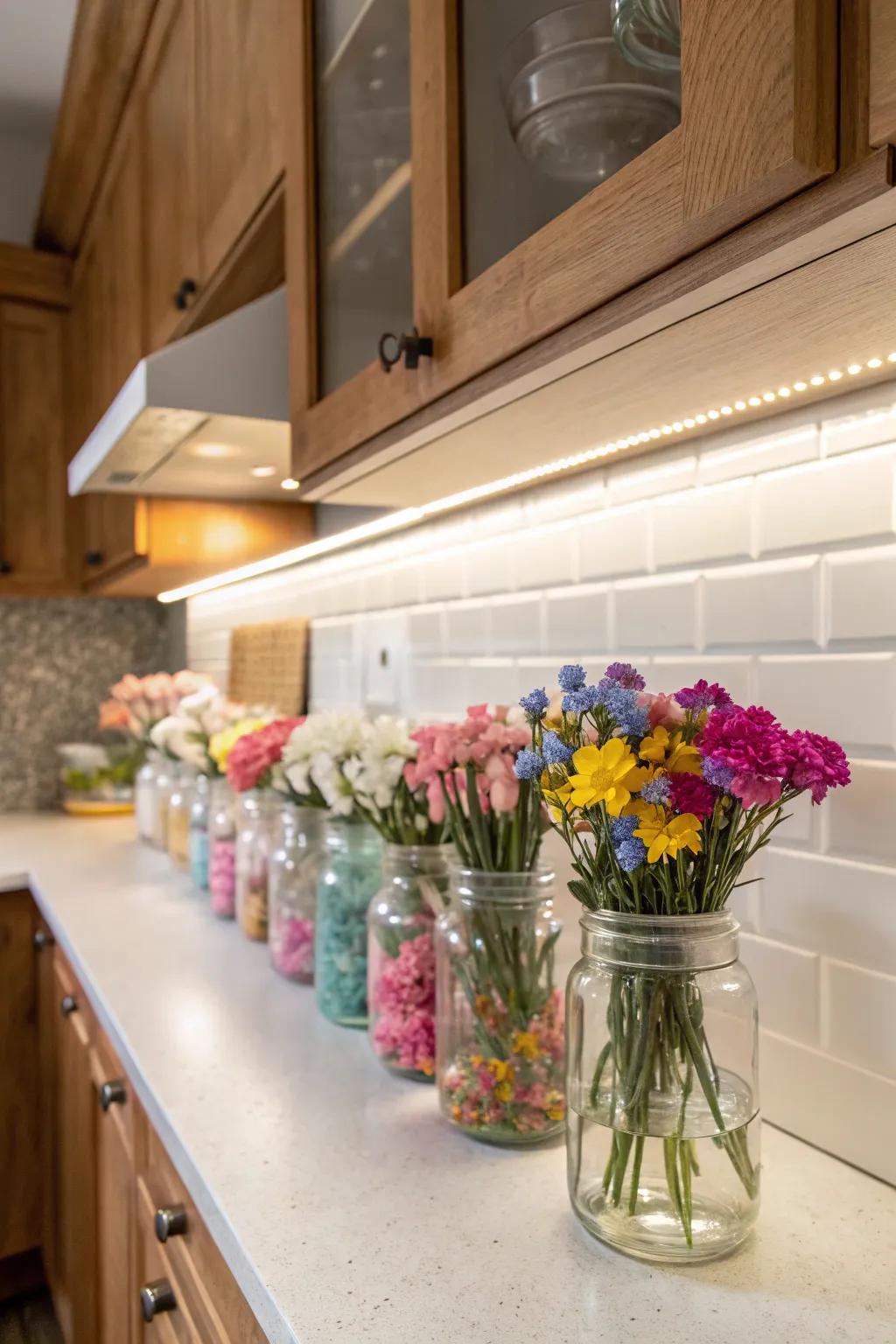 Glass jars provide a stylish way to store and display faux flowers.