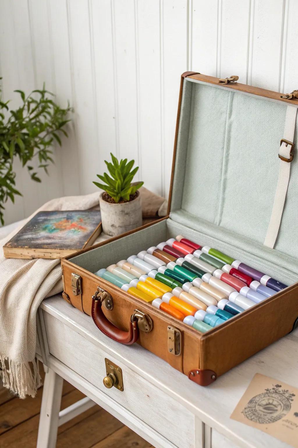 Transform your art space with this charming upcycled suitcase paint organizer!
