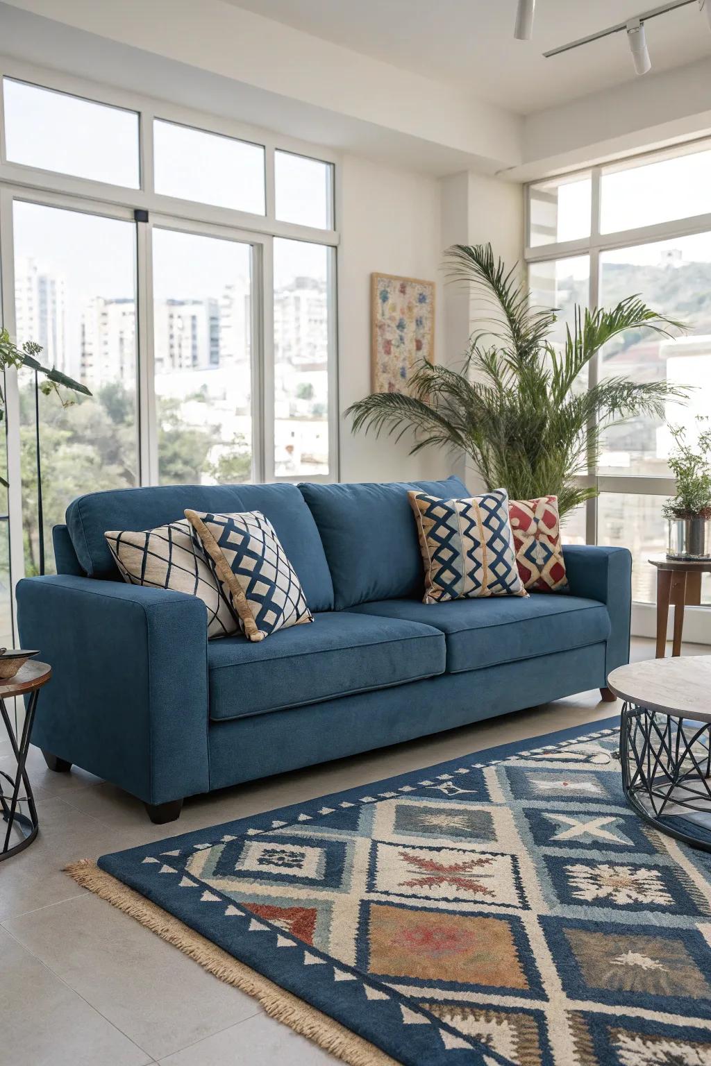 Geometric patterns add a modern twist and structure to a blue couch.