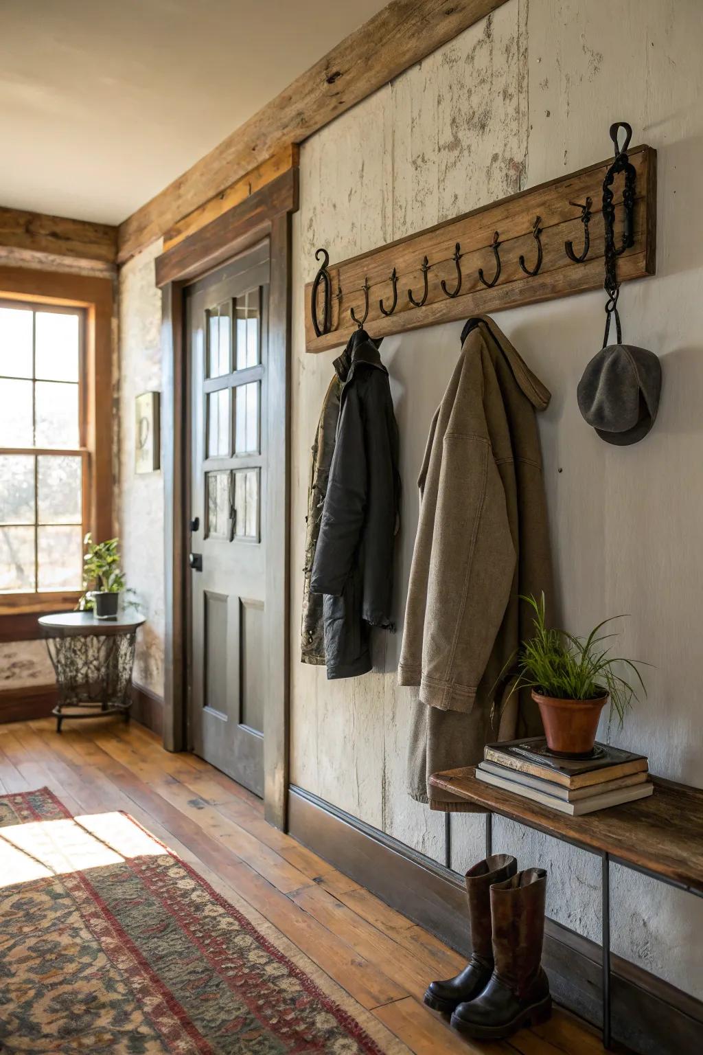 Craft a functional coat rack with reclaimed wood.