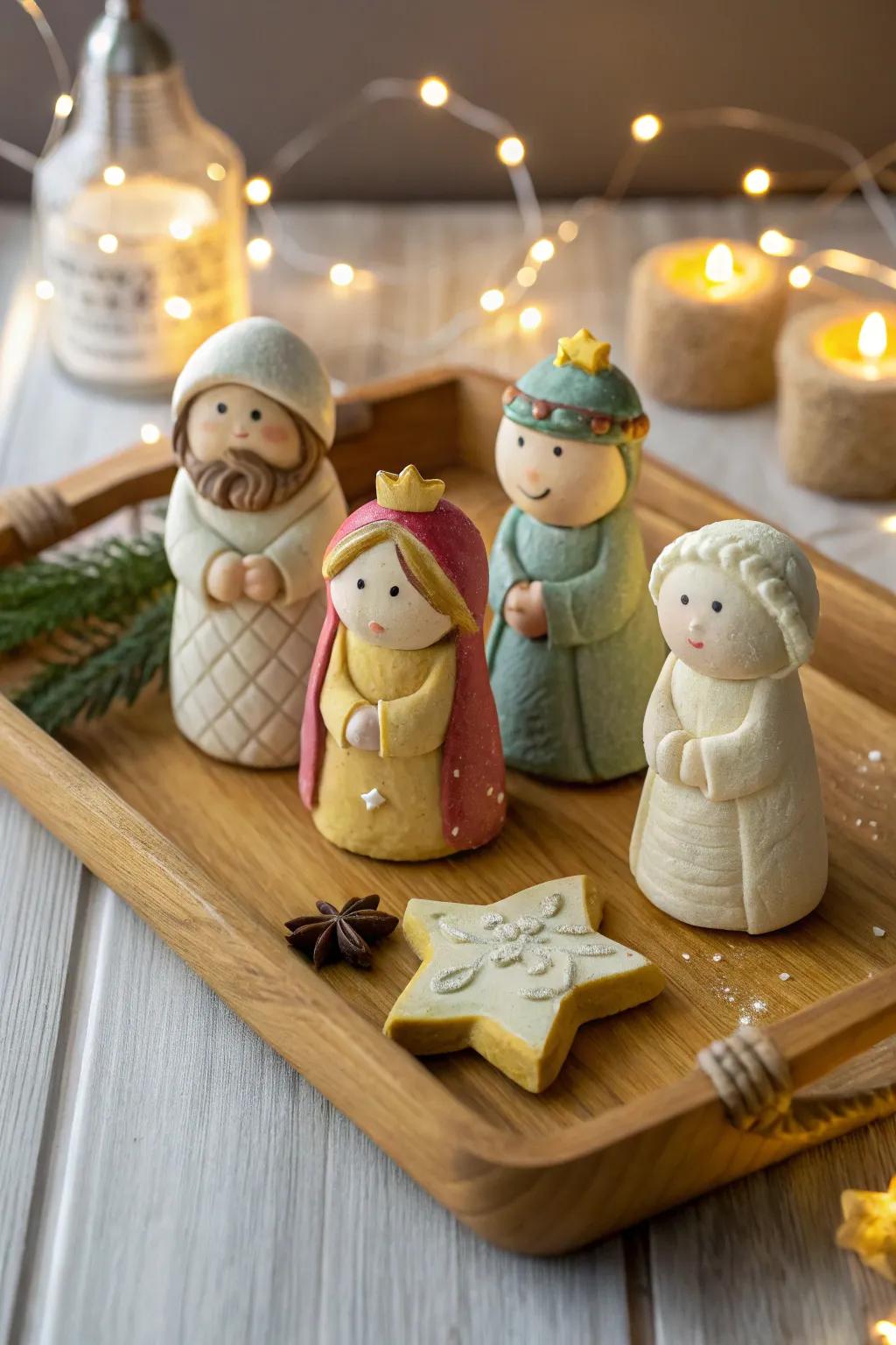 Salt dough figures offer a personal touch to the nativity scene.