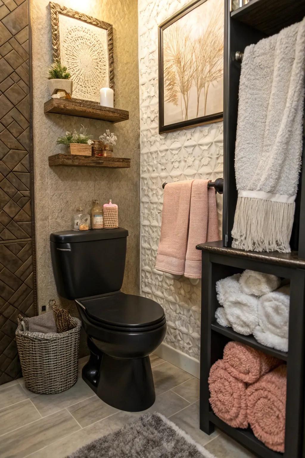 Subtle textures enhance the richness of a black toilet bathroom.