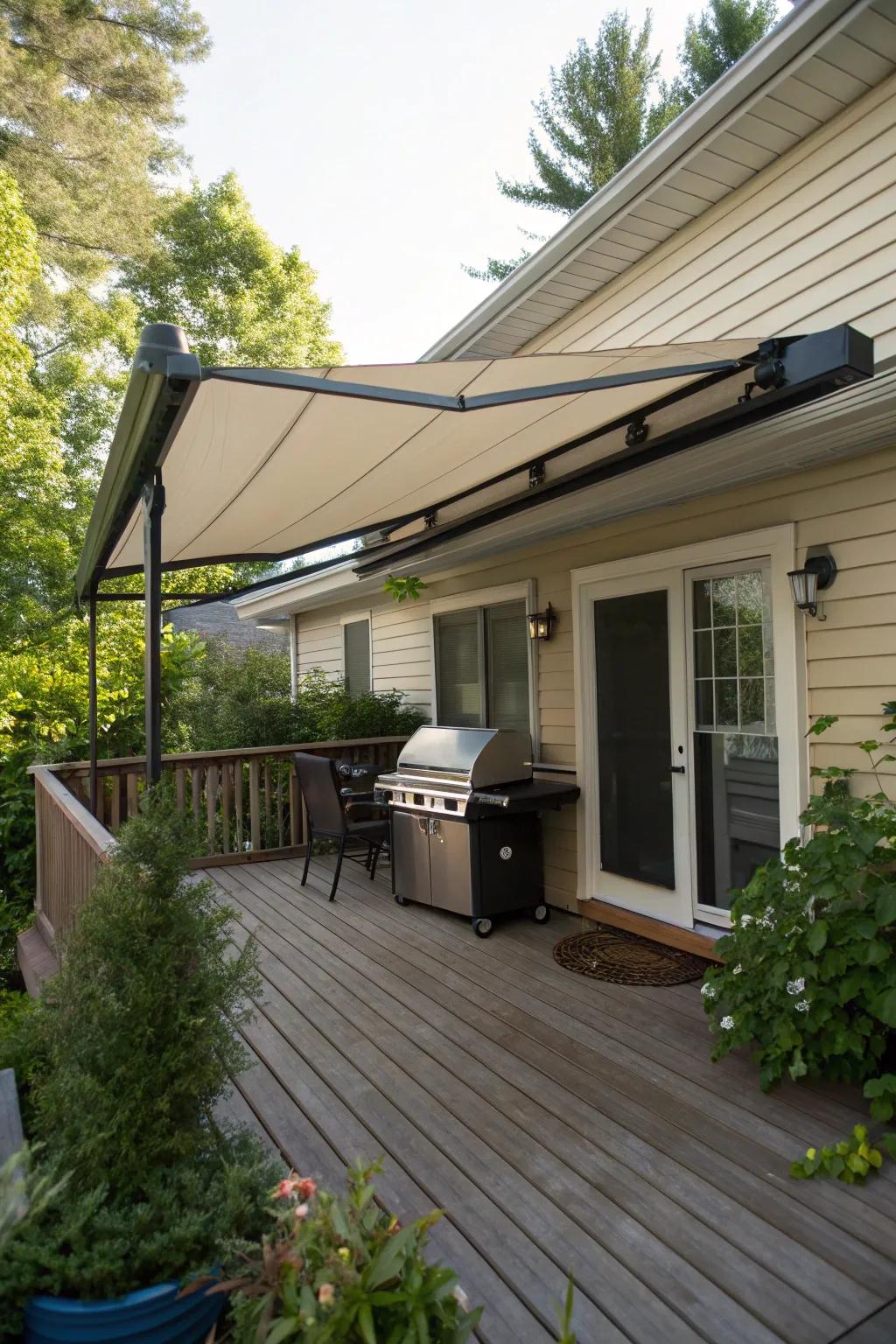 An attached awning provides a seamless indoor-outdoor transition.