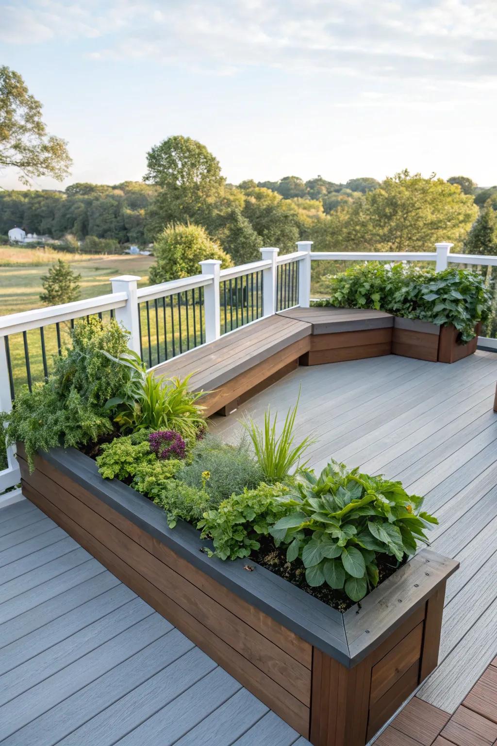 Wraparound benches offer seamless seating and greenery.