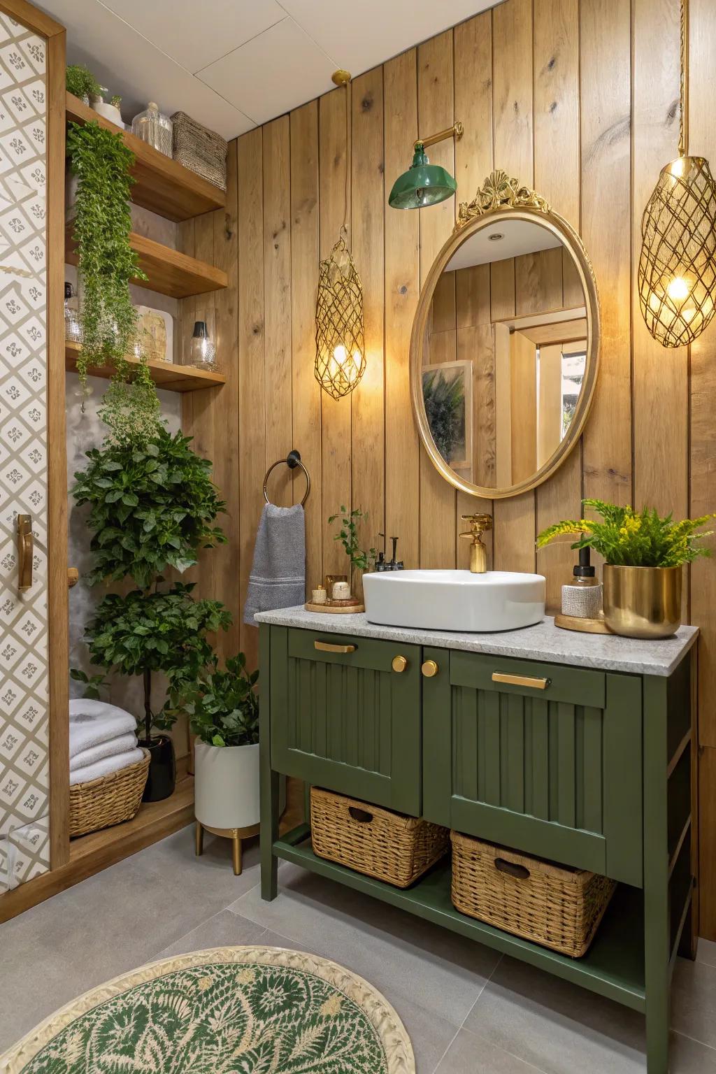 Natural wood paired with green and gold creates a warm, inviting bathroom.