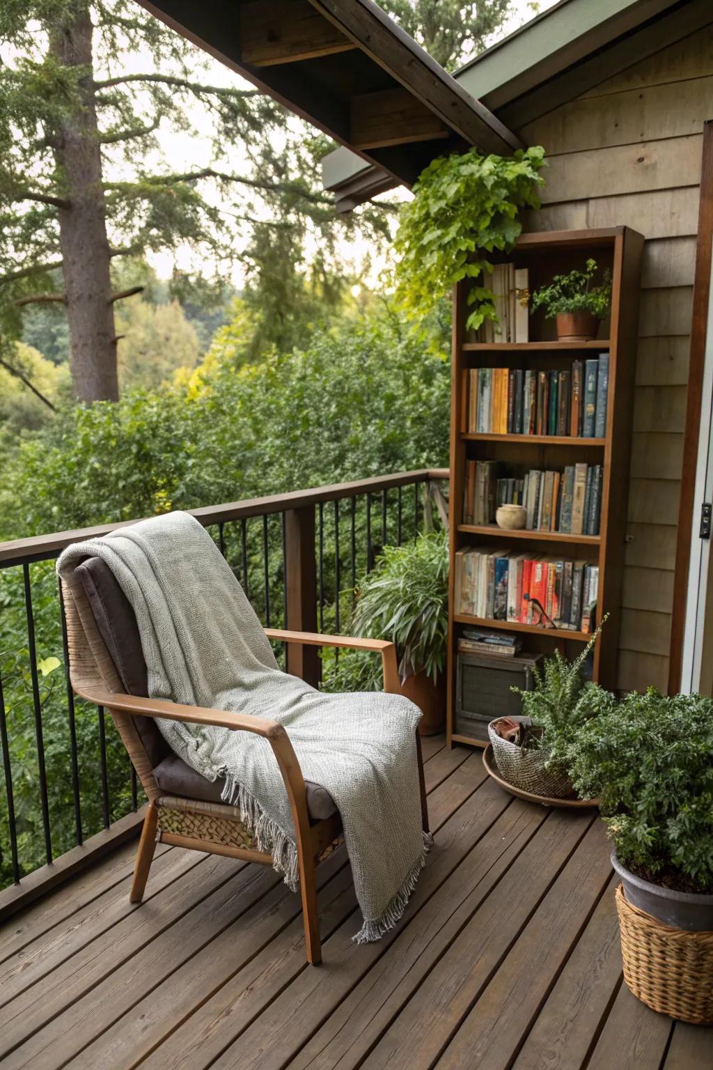 A tranquil reading nook providing a peaceful escape on a high deck.