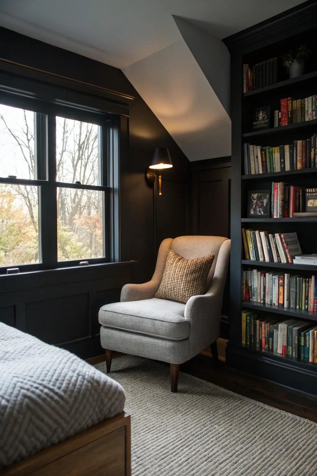 A cozy reading nook turns this black bedroom into a true sanctuary.