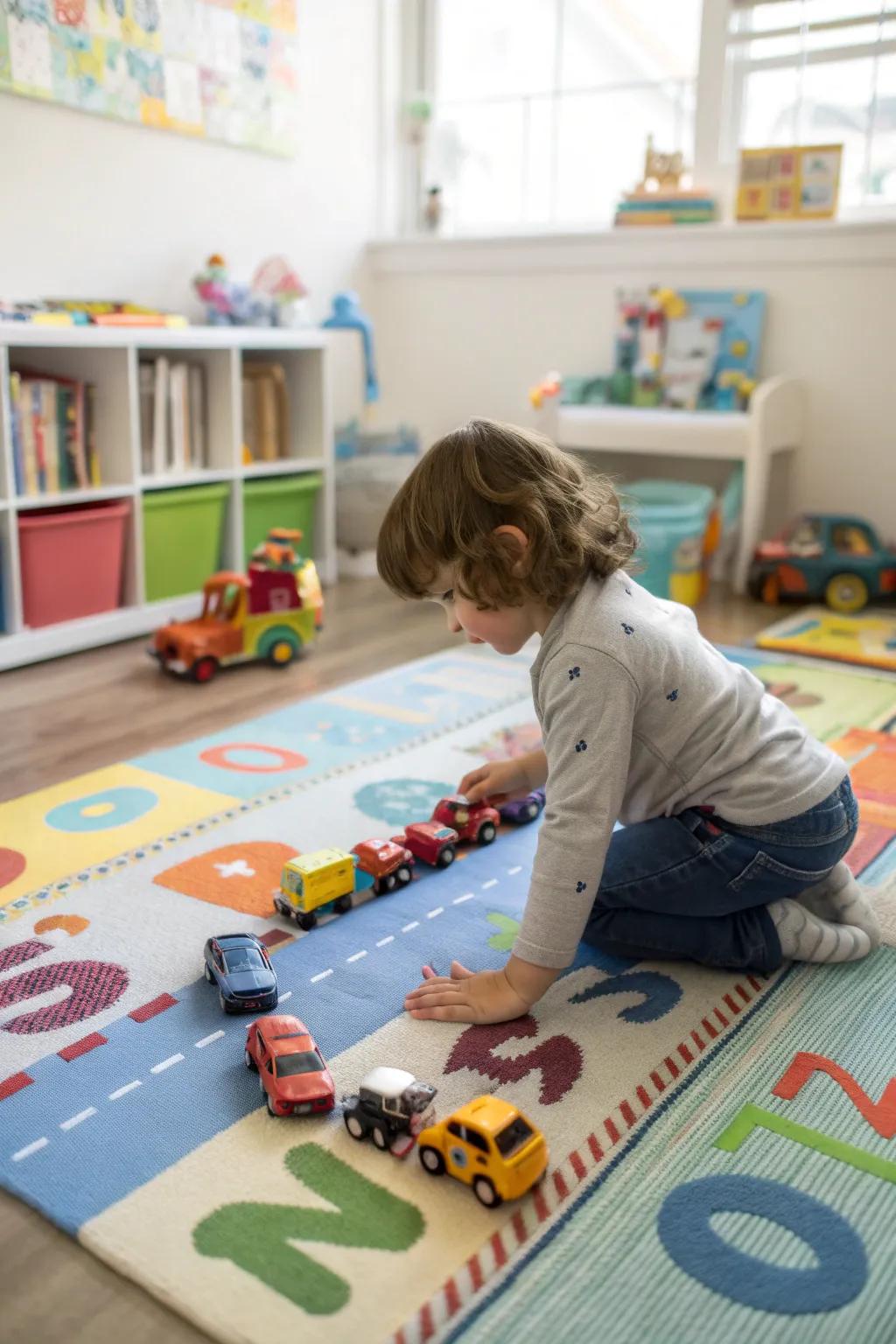 Driving through the alphabet with road mats.