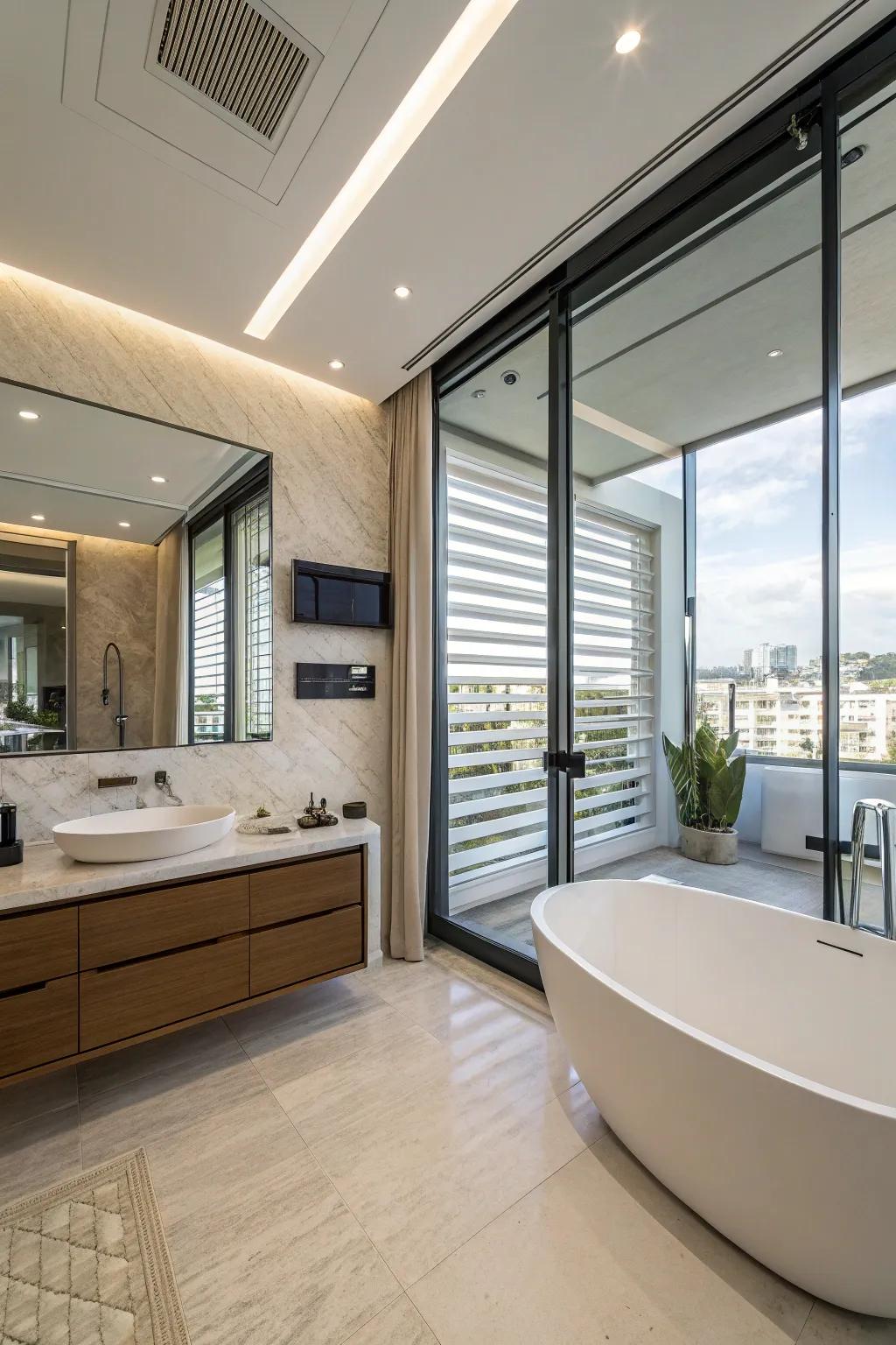 Smart shutters provide modern convenience and enhance the luxury of a high-tech bathroom.