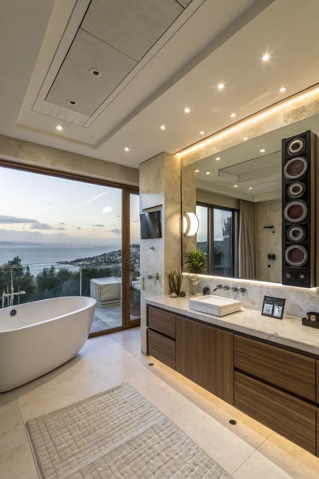 Built-in speakers in soffits offer a spa-like audio experience in bathrooms.